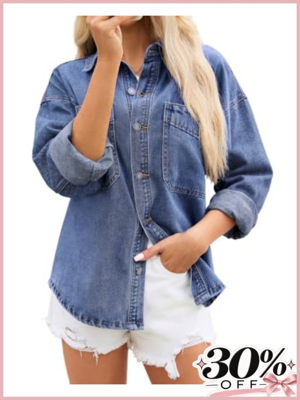Oversized Cotton-Blend Denim Shacket Button Down Jean Shirt